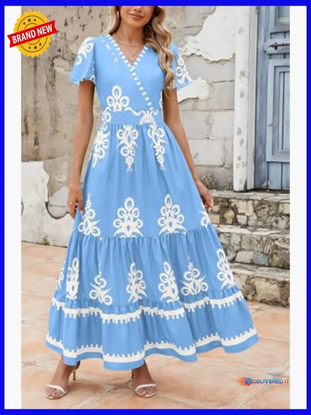Boho Maxi Dress with Pockets Tiered Bell Sleeve - Picture 4 of 7